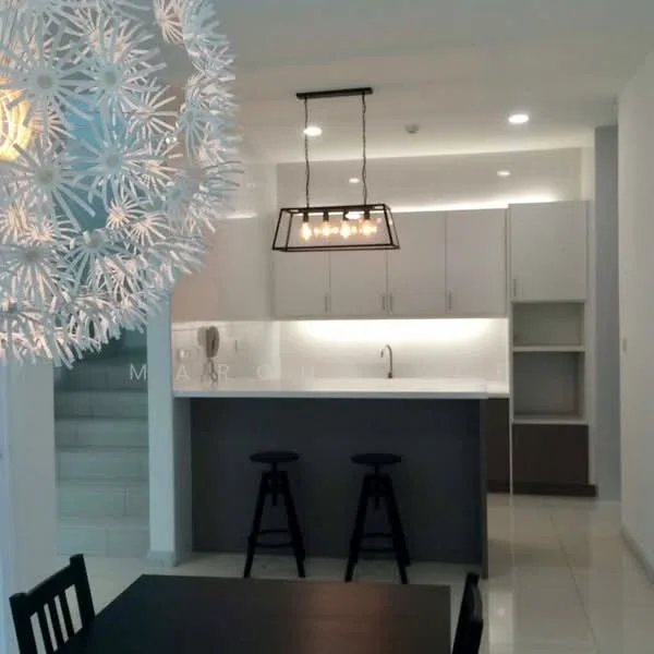 Kitchen features: white cabinetry, grey lower cabinets, white countertop, stainless-steel sink, chrome pull-down faucet, pendant light fixture, recessed lighting, bar seating with two black stools, tile flooring, open shelving, built-in appliances, modern design; style: modern.