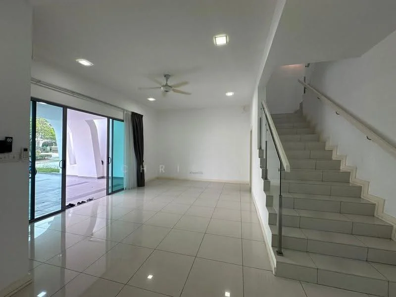 Living features: white painted walls, glossy ceramic tile flooring, 5-blade ceiling fan with light, floor-to-ceiling sliding glass doors, curtains, recessed downlights, staircase with white railing, open layout, natural light from windows; style: modern; view: garden.
