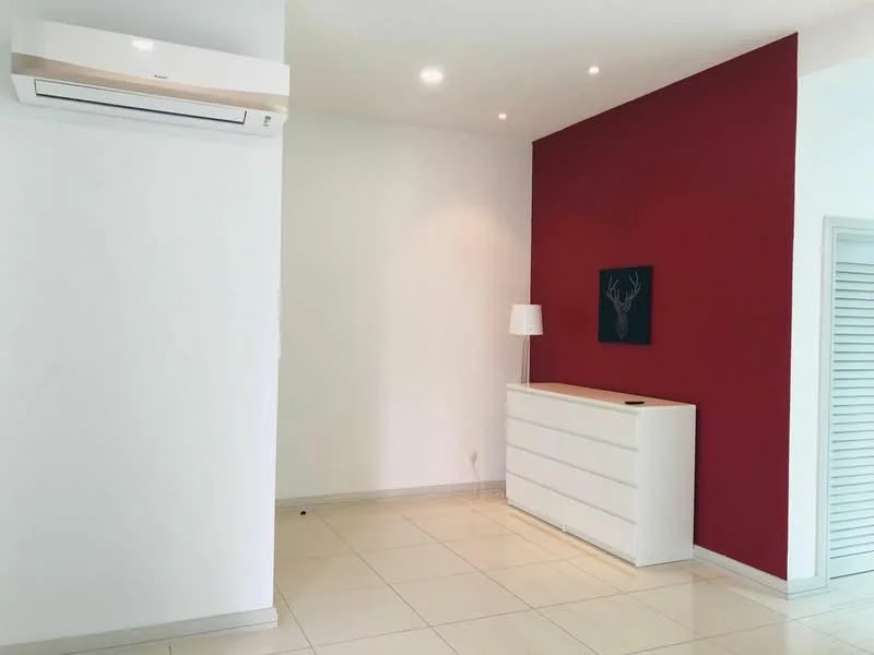 Room features: white painted walls, red accent wall, glossy tile flooring, recessed downlights, wall-mounted air conditioning unit, white dresser with multiple drawers, floor lamp, decorative wall art; style: modern.