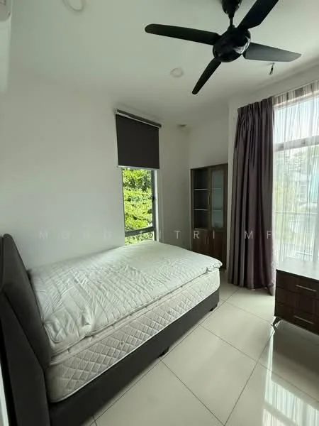 Bedroom features: queen-size bed, upholstered headboard, floor-to-ceiling windows, sheer curtains, dark curtains, laminate flooring, ceiling fan, built-in wardrobe, decorative bedside table; style: modern; view: garden.