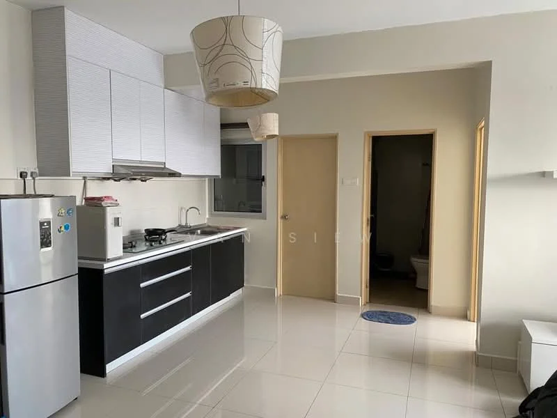 Kitchen features: black and white cabinetry, stainless-steel fridge, built-in gas stove, exhaust hood, white tiled backsplash, marble countertop, pendant light fixture, ceramic tile flooring, single-bowl stainless-steel sink, wall-mounted cabinets, door leading to bathroom; style: modern. Room features: door leading to bathroom.