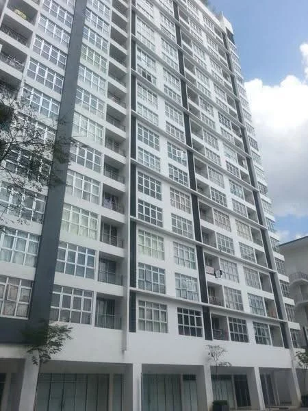 Exterior type: mid-rise condominium; features: white painted facade, glass windows, balconies with sliding doors, approximately 10-storey high-rise, concrete structure, tree landscaping in front, clear sky in background; style: modern.