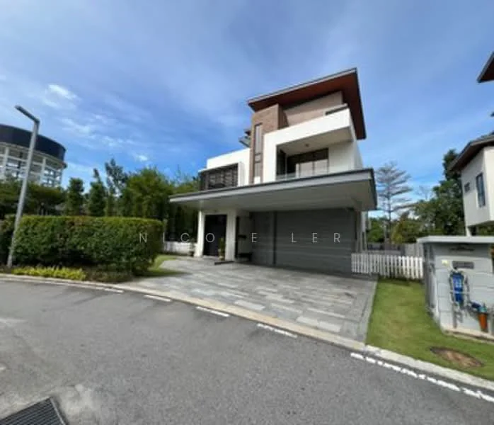 Exterior type: detached bungalow; features: two-storey building, flat roof, white painted facade, stone cladding, manicured lawn, paved driveway, surrounded by greenery, modern architectural design; style: modern.