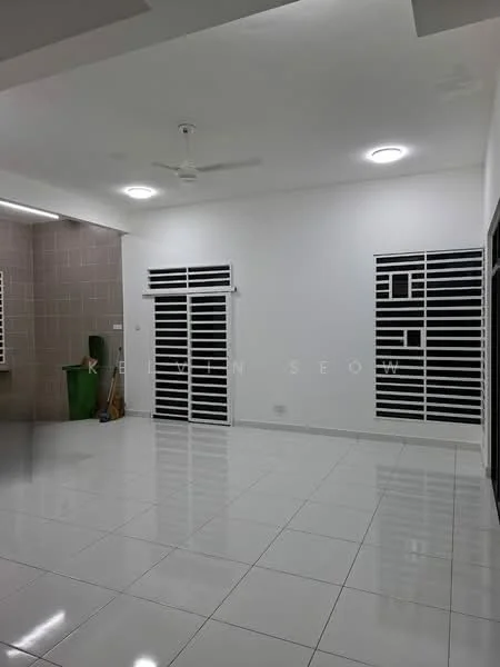 Room features: white painted walls, glossy white tile flooring, ceiling with recessed lighting, 5-blade ceiling fan, sliding louvered doors, green trash bin, clean and uncluttered space; style: modern.
