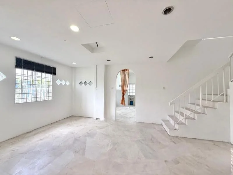 Living features: white painted walls, marble flooring, large windows with grid pattern, natural light, recessed downlights, staircase leading to upper level, arched doorway, curtains, open layout; style: modern.