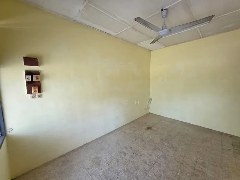 Room features: yellow painted walls, ceiling fan, plain ceiling, vinyl flooring, no visible furniture, single window, shelving unit on wall, light source from window.