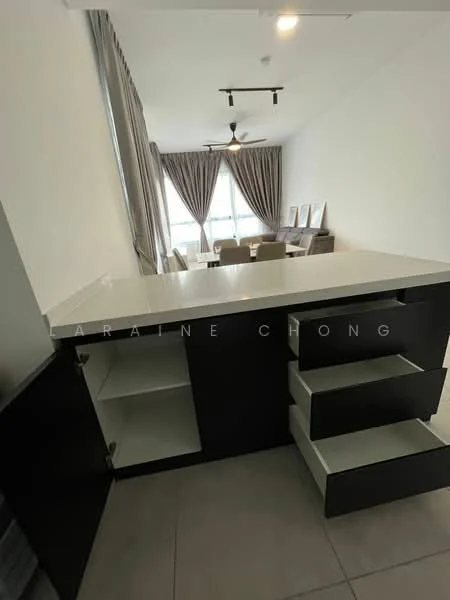 Kitchen features: white countertop, black cabinetry, open shelving, pull-out drawers, grey tiled flooring, recessed downlights, ceiling fan, curtains, view of living area; style: modern.