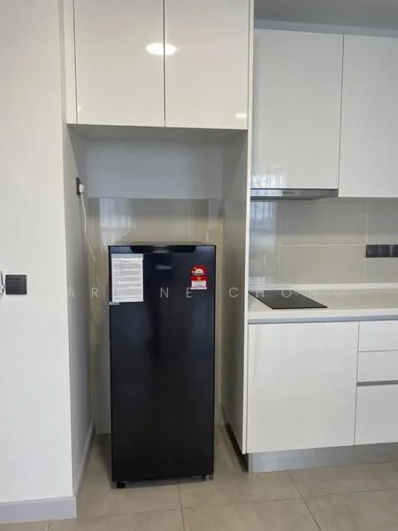 Kitchen features: black fridge, white cabinetry, grey countertop, stainless-steel range hood, built-in oven, ceramic tile flooring, wall-mounted cabinets, backsplash with white tiles; style: modern.