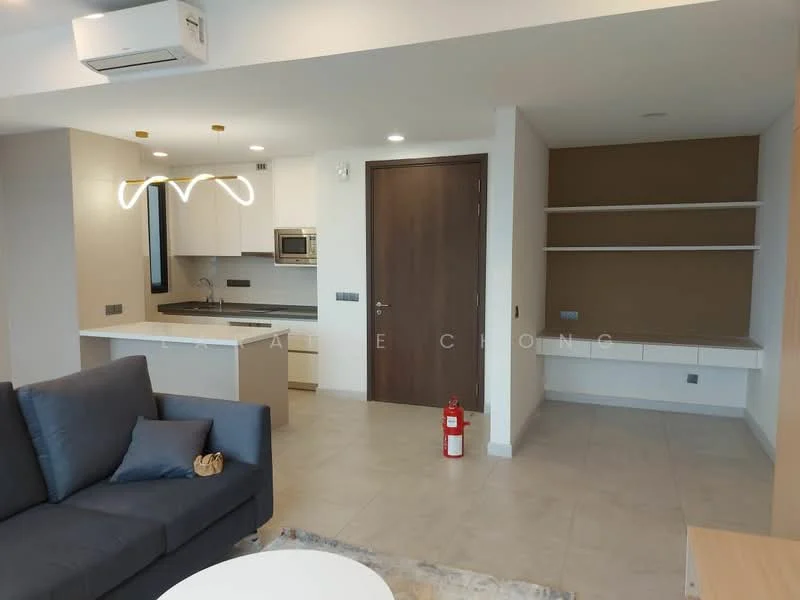 Living features: grey fabric sofa, coffee table, wall-mounted TV, recessed downlights, 5-blade ceiling fan with light, light wood flooring, open shelving, built-in cabinetry, kitchenette with microwave, white cabinetry, black countertop, stainless-steel sink, chrome pull-down faucet; style: modern.