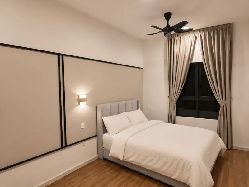 Bedroom features: queen-size bed with upholstered headboard, white bedding, wooden flooring, light grey accent wall, recessed wall lighting, 5-blade ceiling fan, floor-to-ceiling window, curtains in light fabric; style: modern.