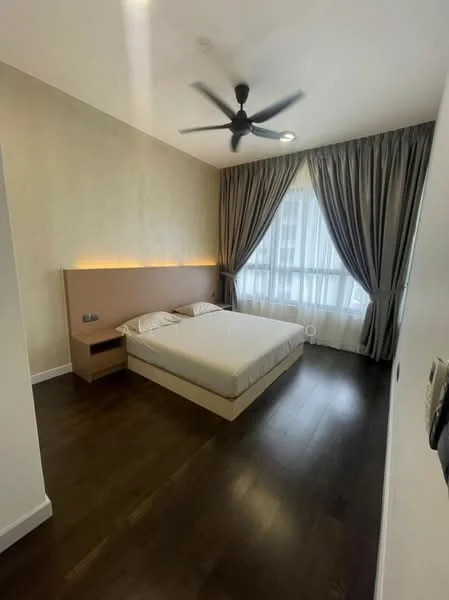 Bedroom features: king-size bed, upholstered headboard, 2 bedside tables, floor-to-ceiling windows, sheer curtains, blackout curtains, 5-blade ceiling fan, wooden flooring, accent lighting behind headboard, decorative wall with textured finish; style: modern; view: city.