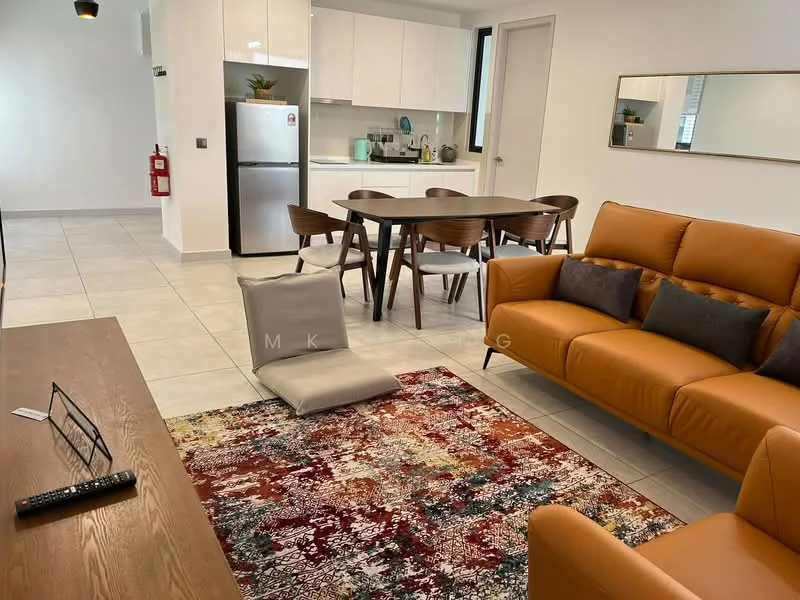 Living features: 3-seater leather sofa in orange, coffee table, area rug with abstract pattern, wall-mounted TV, TV console, floor-to-ceiling windows, light-colored walls, tile flooring, recessed downlights; style: modern. Dining features: 6-seater dining table, wooden dining chairs, open kitchen layout, kitchen island, stainless-steel fridge, white cabinetry, ceramic tile backsplash; style: modern.