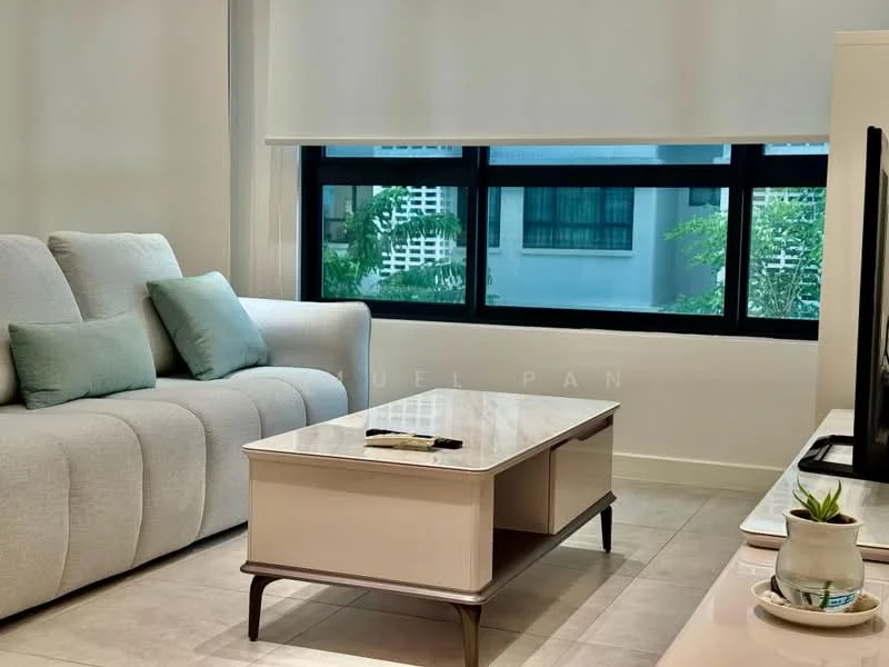 Living features: 3-seater fabric sofa in light grey, coffee table with marble top, flat-screen TV on console, large windows with black frames, roller blinds, light-colored tiled flooring, decorative plant on table, cushions in light blue, minimalist decor; style: modern; view: garden.