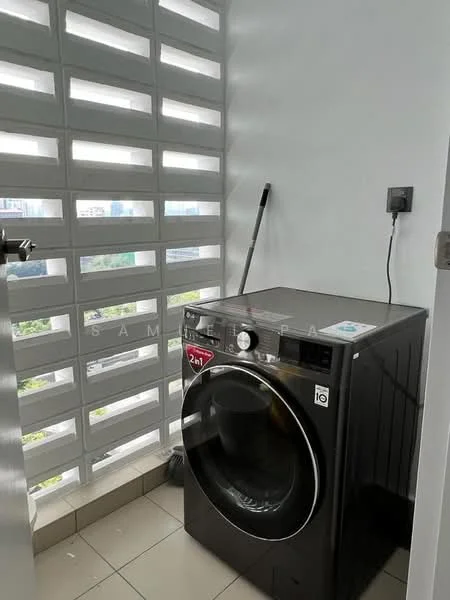 Laundry features: front-load washing machine in black, grey tiled flooring, white painted walls, window with decorative block design, utility pole, power outlet, city view, clean and modern design; style: modern; view: city.