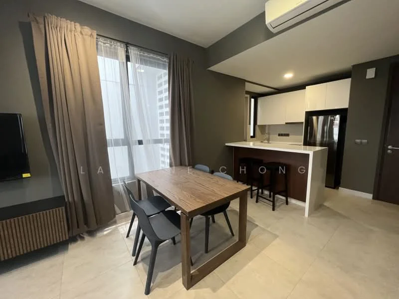 Dining features: wood dining table, 4 black dining chairs, floor-to-ceiling windows, sheer curtains, grey painted walls, light-colored tile flooring, recessed downlights, air conditioning unit, open kitchen layout, kitchen island with bar stools, stainless-steel refrigerator; style: modern.