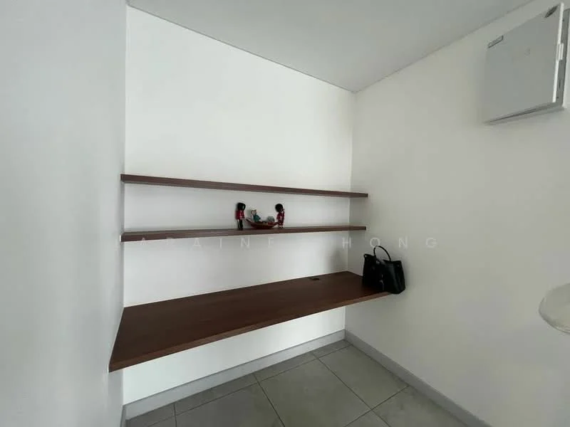 Room features: white painted walls, grey tile flooring, wooden shelf, built-in desk, wall-mounted air conditioning unit; style: modern.