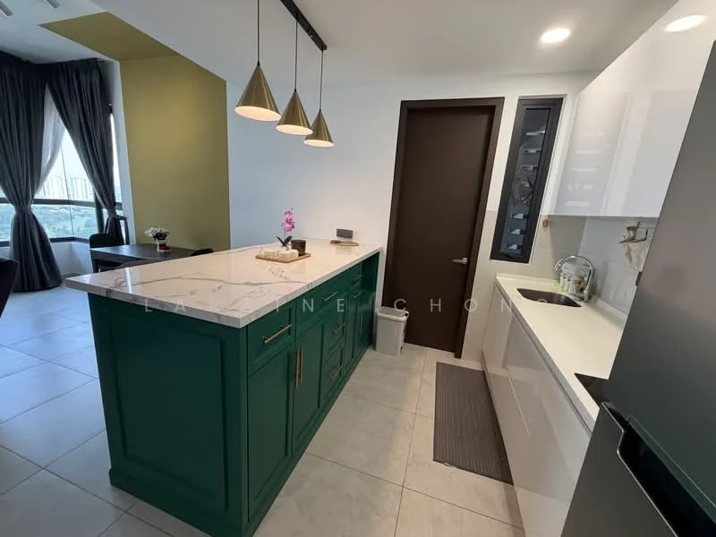 Kitchen features: green cabinetry, white countertop, single-bowl stainless-steel sink, chrome pull-down faucet, built-in oven, stainless-steel fridge, pendant lighting, tile flooring, window with city view, recessed lighting, grey mat, open shelving; style: modern; view: city.