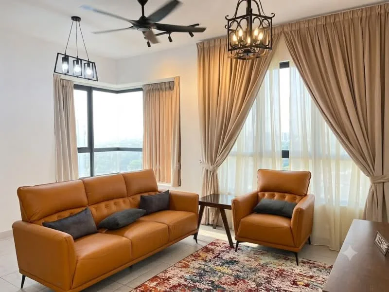Living features: 3-seater leather sofa in tan, 2-seater armchair in tan, area rug with abstract pattern, floor-to-ceiling windows, sheer curtains, blackout curtains, 5-blade ceiling fan with light, 2 pendant lights, wooden side table, decorative wall art; style: modern; view: city.