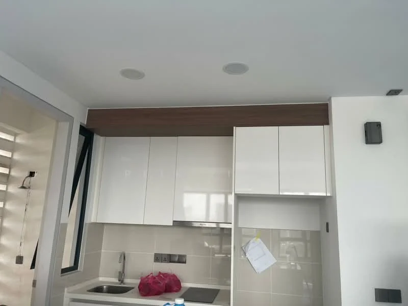 Kitchen features: white glossy cabinetry, wooden overhead cabinet, stainless-steel sink, chrome faucet, built-in stove, grey tiled backsplash, recessed ceiling lights, wall-mounted light fixture, open shelving, countertop with space for appliances; style: modern.