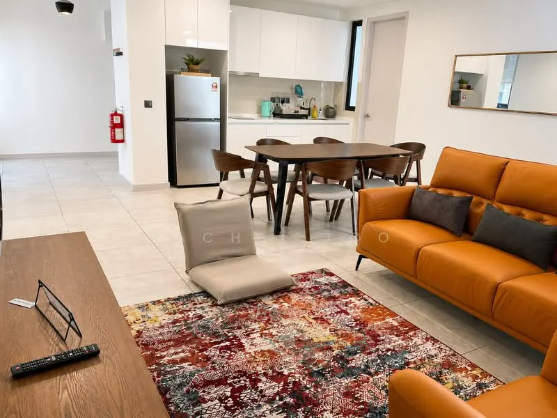 Living features: orange leather sofa, 3-seater sofa, coffee table, area rug with abstract pattern, wall-mounted TV, TV console, floor-to-ceiling windows, light-colored walls, tile flooring, recessed downlights, decorative mirror; style: modern. Kitchen features: white cabinetry, stainless-steel fridge, built-in oven, ceramic cooktop, kitchen island, sink, countertop, backsplash, open-plan layout; style: modern. Dining features: 6-seater dining table, wooden dining chairs, light fixture above table; style: modern.