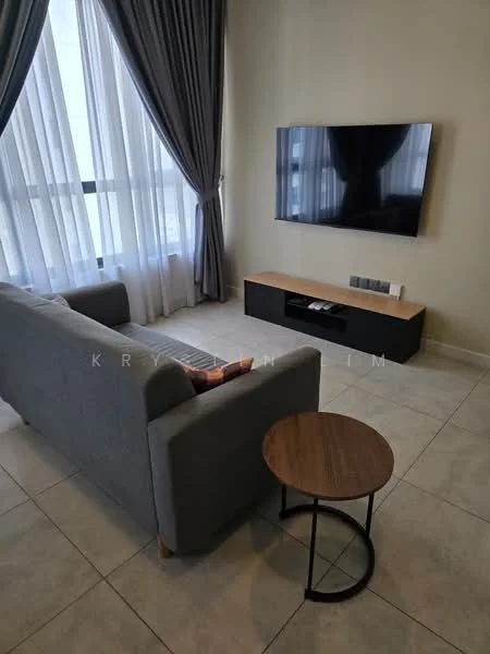 Living features: grey fabric sofa, round wooden coffee table, wall-mounted flat-screen TV, light-colored tiled flooring, floor-to-ceiling windows, sheer curtains, dark grey drapes, TV console with storage; style: modern.