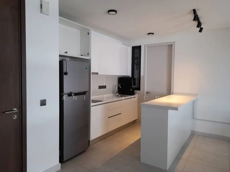 Kitchen features: white cabinetry, stainless-steel fridge, built-in oven, 4-burner gas hob, single-bowl stainless-steel sink, chrome pull-down faucet, white quartz countertop, tile backsplash, recessed downlights, grey tile flooring, open shelving, black coffee machine; style: modern.
