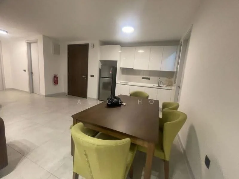 Dining features: dining table, 4 upholstered dining chairs in green, white cabinetry, stainless-steel fridge, grey tiled flooring, recessed ceiling lights, open layout to kitchen, neutral wall color; style: modern. Room features: white walls, grey tiled flooring, doorway to hallway, fire extinguisher on wall.
