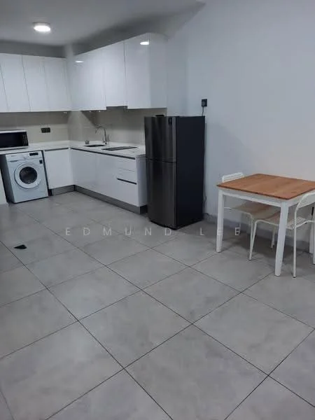 Kitchen features: white shaker cabinets, stainless-steel fridge, built-in oven, freestanding washing machine, single-bowl stainless-steel sink, chrome pull-down faucet, ceramic tile flooring, recessed downlights, white countertop, wood dining table, 4 white chairs; style: modern.