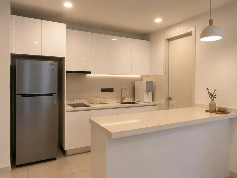 Kitchen features: white shaker cabinets, stainless-steel fridge, single-bowl stainless-steel sink, chrome pull-down faucet, quartz countertop, white backsplash, built-in oven, induction hob, recessed LED downlights, pendant lamp, tile flooring, neutral wall color, open shelving, kitchen island; style: modern.