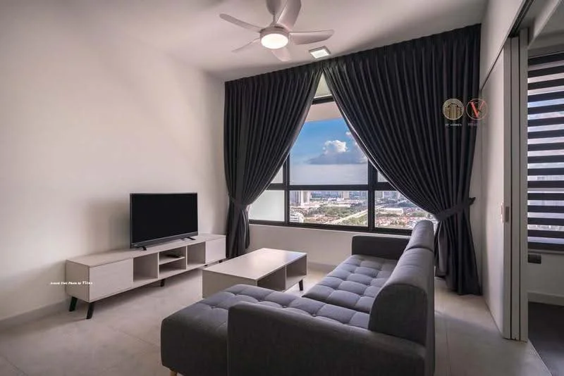 Living features: grey fabric sofa, coffee table, TV console, wall-mounted TV, floor-to-ceiling windows, blackout curtains, sheer curtains, 5-blade ceiling fan with light, light-coloured walls, tile flooring, decorative wall art; style: modern; view: city.