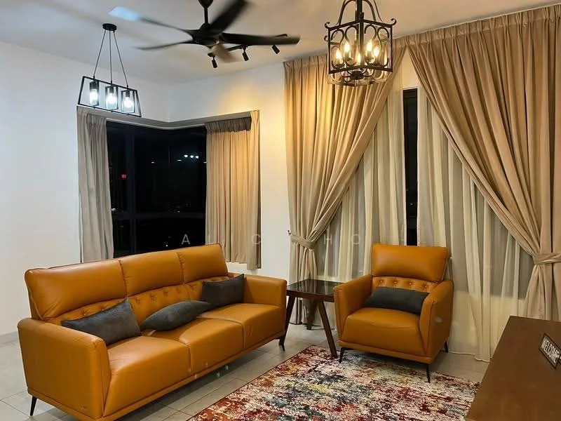 Living features: 3-seater leather sofa in orange, armchair in orange, coffee table, area rug with colorful pattern, floor-to-ceiling windows, sheer curtains, blackout curtains, ceiling fan with light, hanging pendant light, wall-mounted TV console; style: modern; view: city.