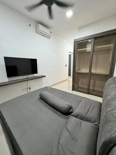 Room features: grey fabric sofa bed, wall-mounted TV, wooden shelf under TV, 1 wall-mounted split AC, white painted walls, glossy tile flooring, ceiling fan, built-in wardrobe with glass doors, recessed lighting; style: modern.