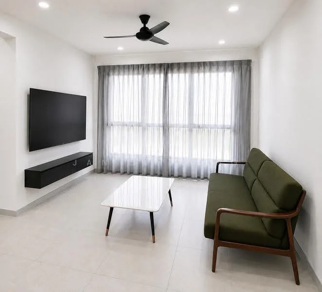 Living features: 3-seater fabric sofa in green, coffee table with white top and black legs, wall-mounted TV, TV console in black, floor-to-ceiling windows, sheer curtains, recessed LED downlights, ceiling fan with 3 blades, light-colored tile flooring, white painted walls; style: modern.