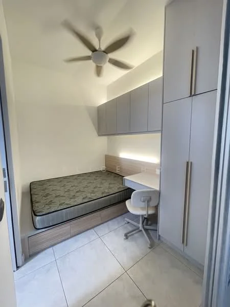 Bedroom features: queen-size bed with mattress, built-in wardrobe with sliding doors, study desk with chair, ceiling fan with 5 blades, white painted walls, tile flooring, LED strip lighting under cabinetry, wall-mounted shelving; style: modern.
