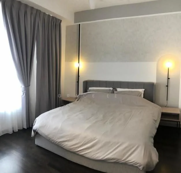 Bedroom features: king-size bed with grey bedding, upholstered headboard, two bedside lamps, wooden bedside table, floor-to-ceiling window, sheer curtains, dark wood flooring, accent wall with light grey paint, recessed lighting; style: modern.