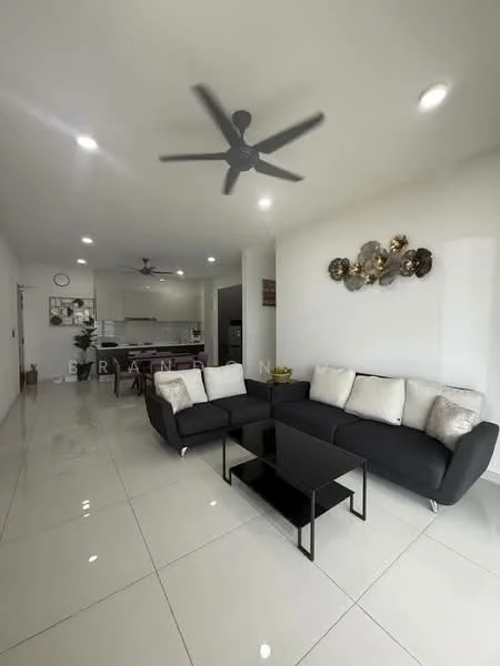 Living features: 3-seater fabric sofa in black, 2 accent pillows in light color, glass coffee table, 5-blade ceiling fan with light, recessed LED downlights, white painted walls, glossy ceramic tile flooring, wall-mounted decorative art, open layout to kitchen, floor-to-ceiling windows, kitchen island visible in background; style: modern.