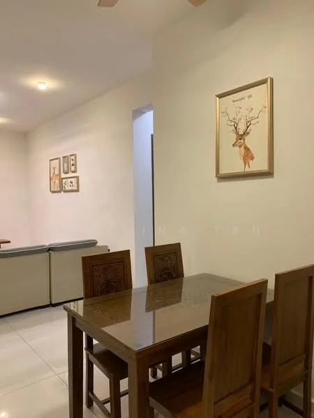 Dining features: wood dining table, 4 wooden dining chairs, white painted walls, glossy tile flooring, ceiling light fixture, framed artwork on wall, wall-mounted decor, open space leading to living area; style: modern.