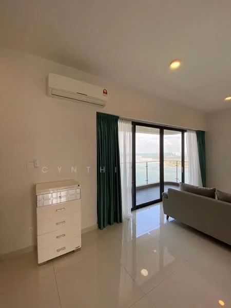 Living features: floor-to-ceiling windows, sliding glass door, curtains in teal, 1 wall-mounted split AC, light-colored walls, glossy tile flooring, sofa in light grey, white dresser with drawers; style: modern; view: sea.