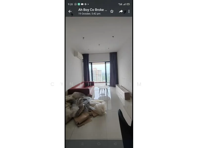 Living features: floor-to-ceiling windows, sliding glass door, white painted walls, polished tile flooring, 1 wall-mounted split AC, red fabric sofa, TV console, decorative wall with TV, city view, natural light from windows, minimalist decor, light fixtures on ceiling; style: modern; view: city.
