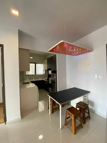 Kitchen features: white painted walls, glossy tile flooring, recessed downlights, pendant light with colorful design, black dining table, 2 wooden stools, stainless-steel fridge, kitchen countertop with sink, window with blinds; style: modern.