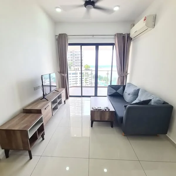 Living features: grey fabric sofa, wooden coffee table, TV console, wall-mounted TV, floor-to-ceiling windows, curtains, ceiling fan, white painted walls, glossy tile flooring, air conditioning unit; style: modern; view: city.