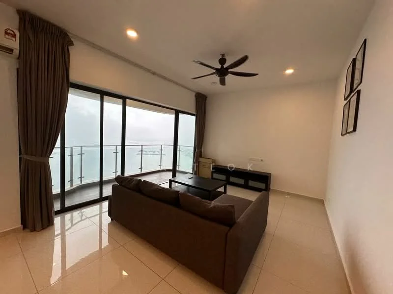 Living features: 3-seater fabric sofa in grey, coffee table, floor-to-ceiling windows, sliding glass door, curtains, recessed downlights, ceiling fan, white painted walls, glossy tile flooring; style: modern; view: sea.