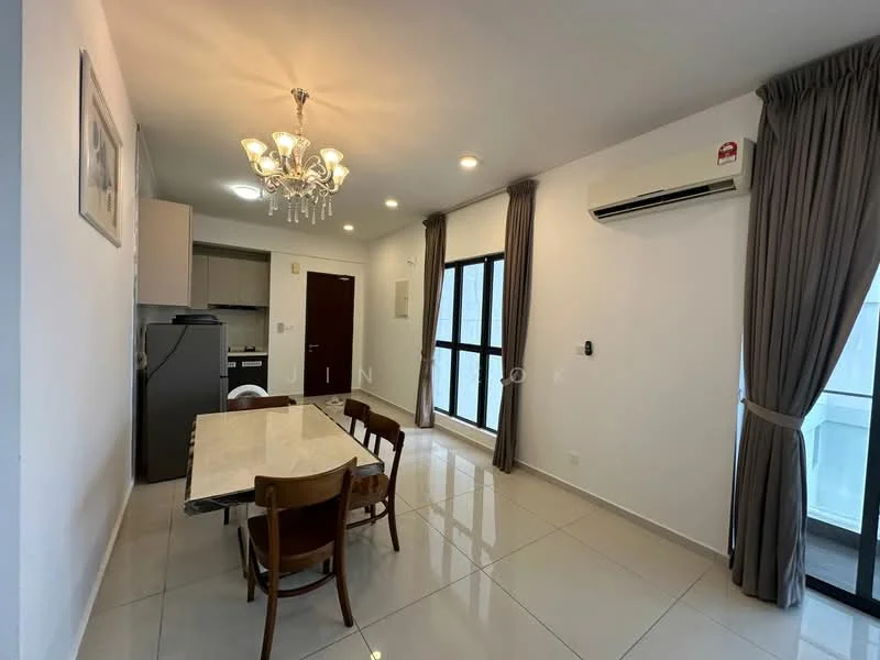 Dining features: 6-seater dining table with marble top, wooden dining chairs, chandelier light fixture, recessed downlights, white painted walls, tile flooring, floor-to-ceiling windows, curtains, air conditioning unit, kitchenette visible in background; style: modern. Kitchen features: stainless-steel fridge, kitchen cabinetry, countertop, built-in oven, cooktop, exhaust hood; style: modern.