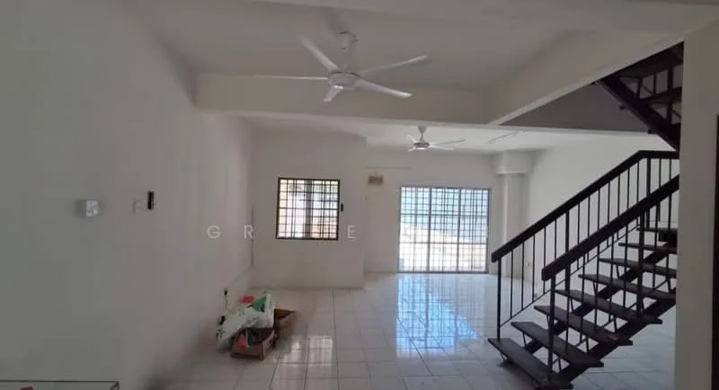 Living features: white painted walls, glossy tile flooring, 2 ceiling fans, large window with grid pattern, sliding glass door, staircase with wooden steps and metal railing, open layout, natural light.
