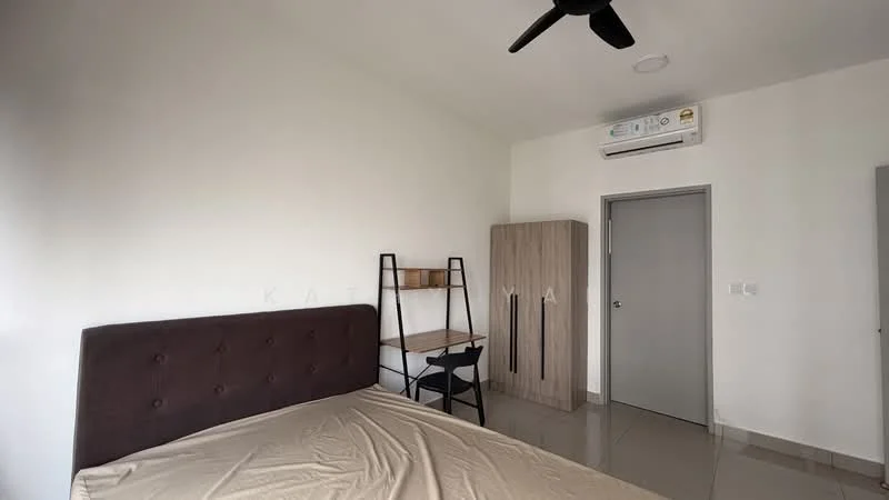 Bedroom features: queen-size bed with upholstered headboard, wall-mounted split AC, study desk with chair, wooden wardrobe with two doors, grey painted walls, glossy tile flooring, ceiling fan, door to hallway; style: modern.