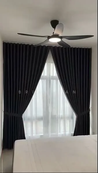 Bedroom features: 5-blade ceiling fan with light, floor-to-ceiling windows, blackout curtains, sheer curtains, white walls, white ceiling; style: modern.