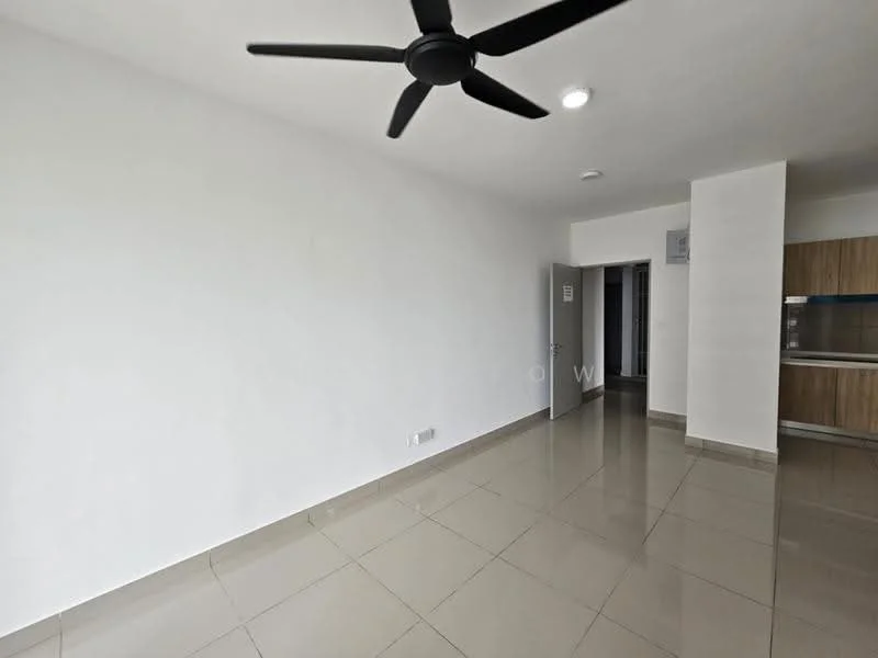 Room features: white painted walls, polished ceramic tile flooring, 5-blade ceiling fan, recessed downlights, door to adjacent room, kitchen area visible in background; style: modern.