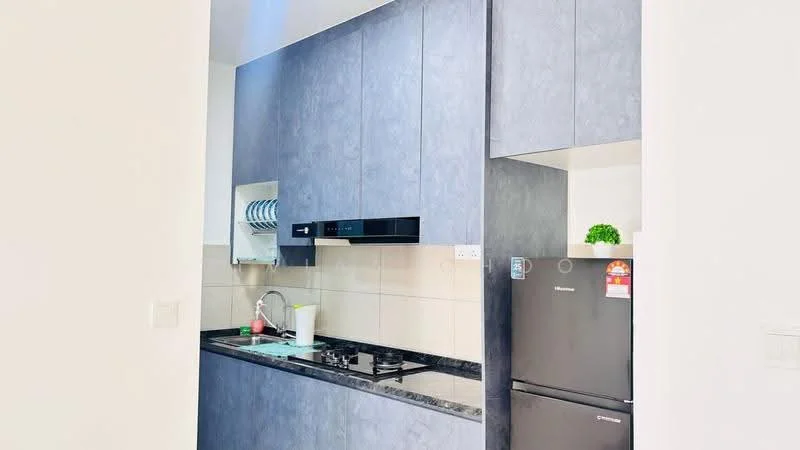Kitchen features: grey cabinetry, black countertop, stainless-steel sink, chrome pull-down faucet, built-in gas hob, built-in oven, refrigerator, wall-mounted kitchen hood, tile backsplash, white walls, natural light from window; style: modern.