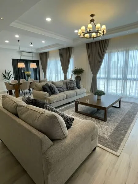 Living features: 3-seater fabric sofa in beige, 2-seater fabric sofa in beige, coffee table in dark wood, area rug with intricate pattern, chandelier with multiple lights, recessed downlights, floor-to-ceiling windows with sheer curtains, curtains in grey, decorative plants in ceramic pots, wall-mounted artwork, dining area visible in background with 6-seater dining table, upholstered dining chairs; style: modern; view: city.