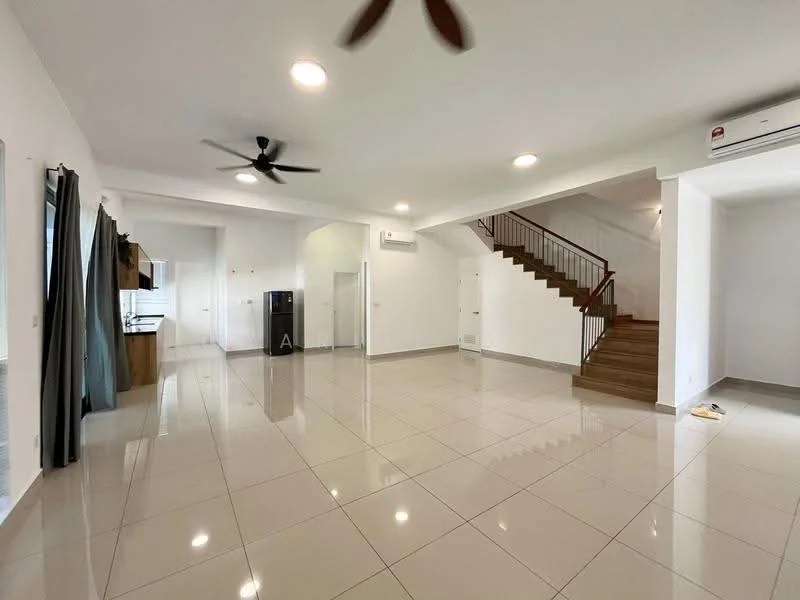 Living features: glossy ceramic tile flooring, white painted walls, 5-blade ceiling fan with light, recessed downlights, large windows with sheer curtains, open layout to kitchen, staircase with wooden steps, air conditioning unit on wall; style: modern. Kitchen features: kitchen cabinetry, countertop, stainless-steel fridge, open layout to living area; style: modern.